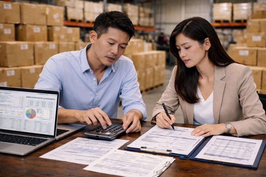 Cara menghitung margin aman dalam bisnis impor agar keuntungan realistis, risiko terkendali, dan cashflow tetap sehat.