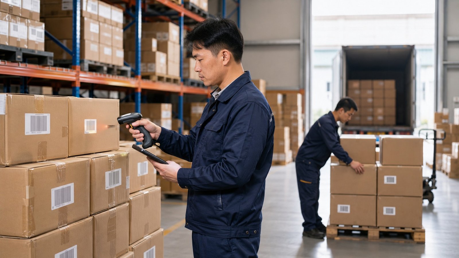 Petugas melakukan cek stok supplier China di gudang sebelum pengiriman