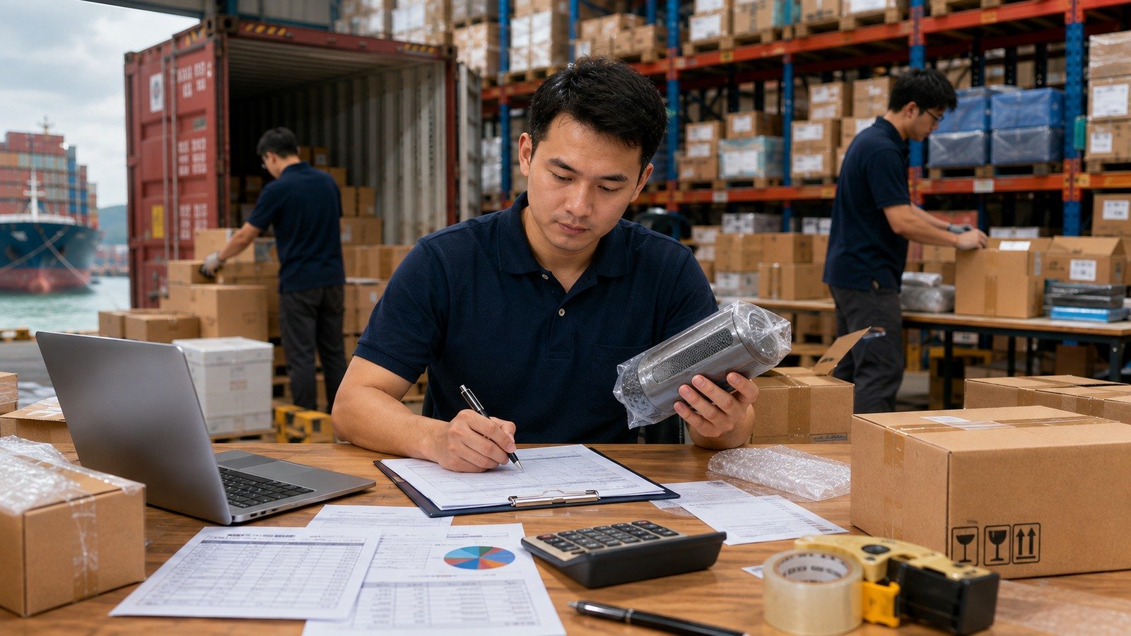 petugas memeriksa commercial invoice impor dari China di gudang logistik