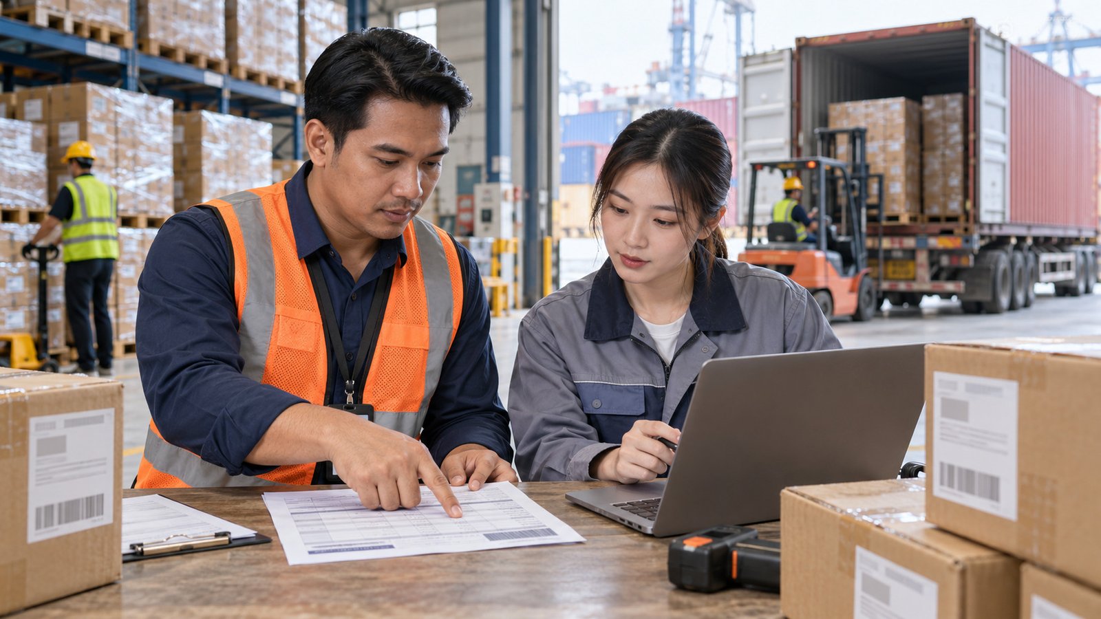 Petugas logistik memeriksa draft Bill of Lading dan data kargo di gudang China