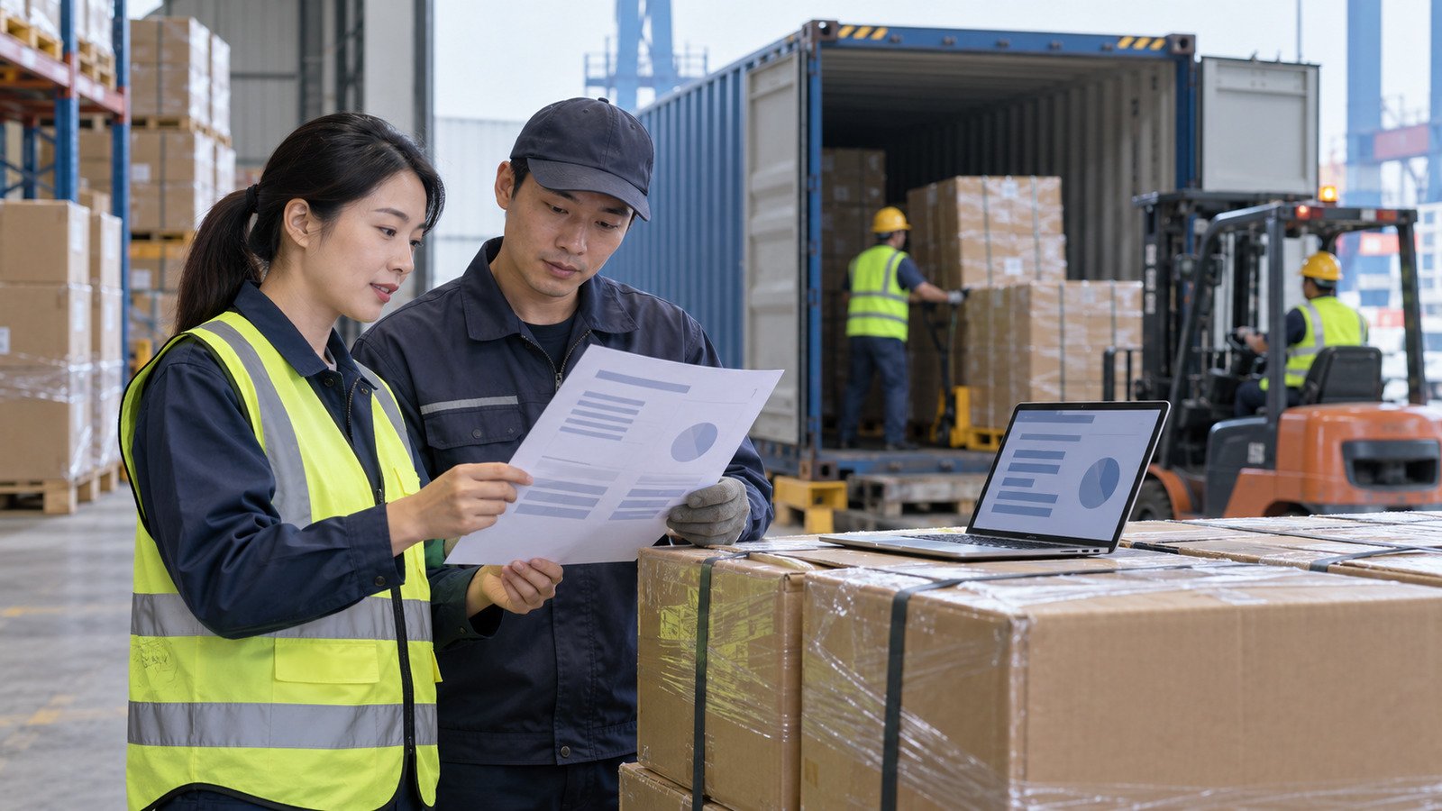 Petugas logistik memeriksa shipping instruction impor di gudang China sebelum pemuatan kontainer